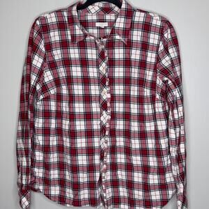 Talbots Outlet Womens Medium Red White Check Ruffle Detail Button Up Long Sleeve